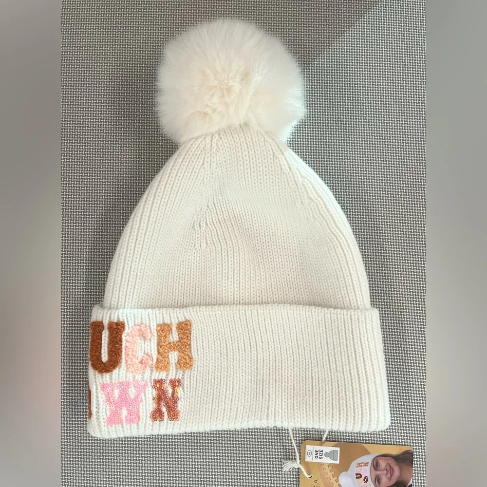 Game Day knit hat/ beanie for football fans. Faux fur pompon, embroidery. White.
